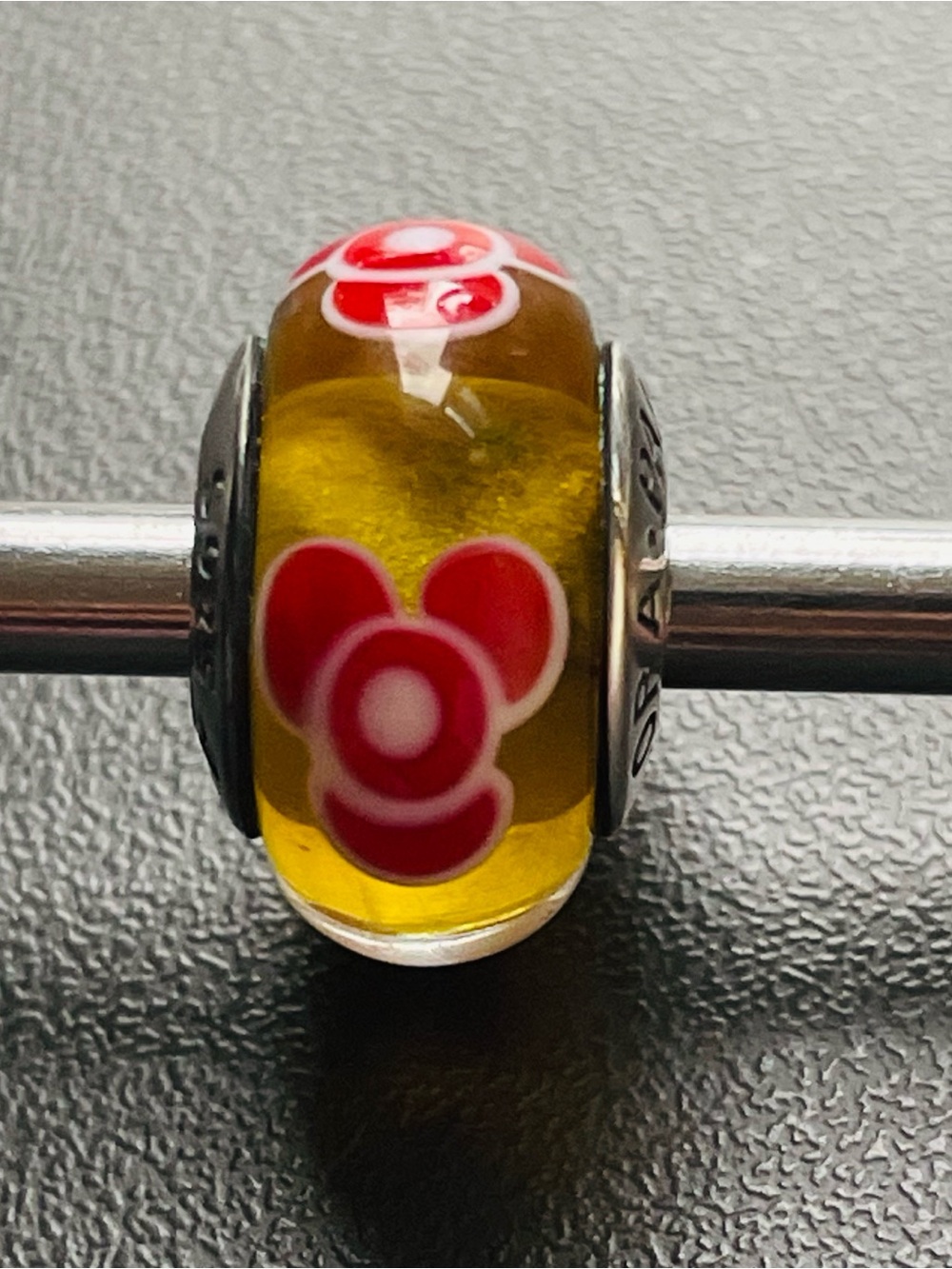 Yellow Glass Flower Bead Charm with Red Accents